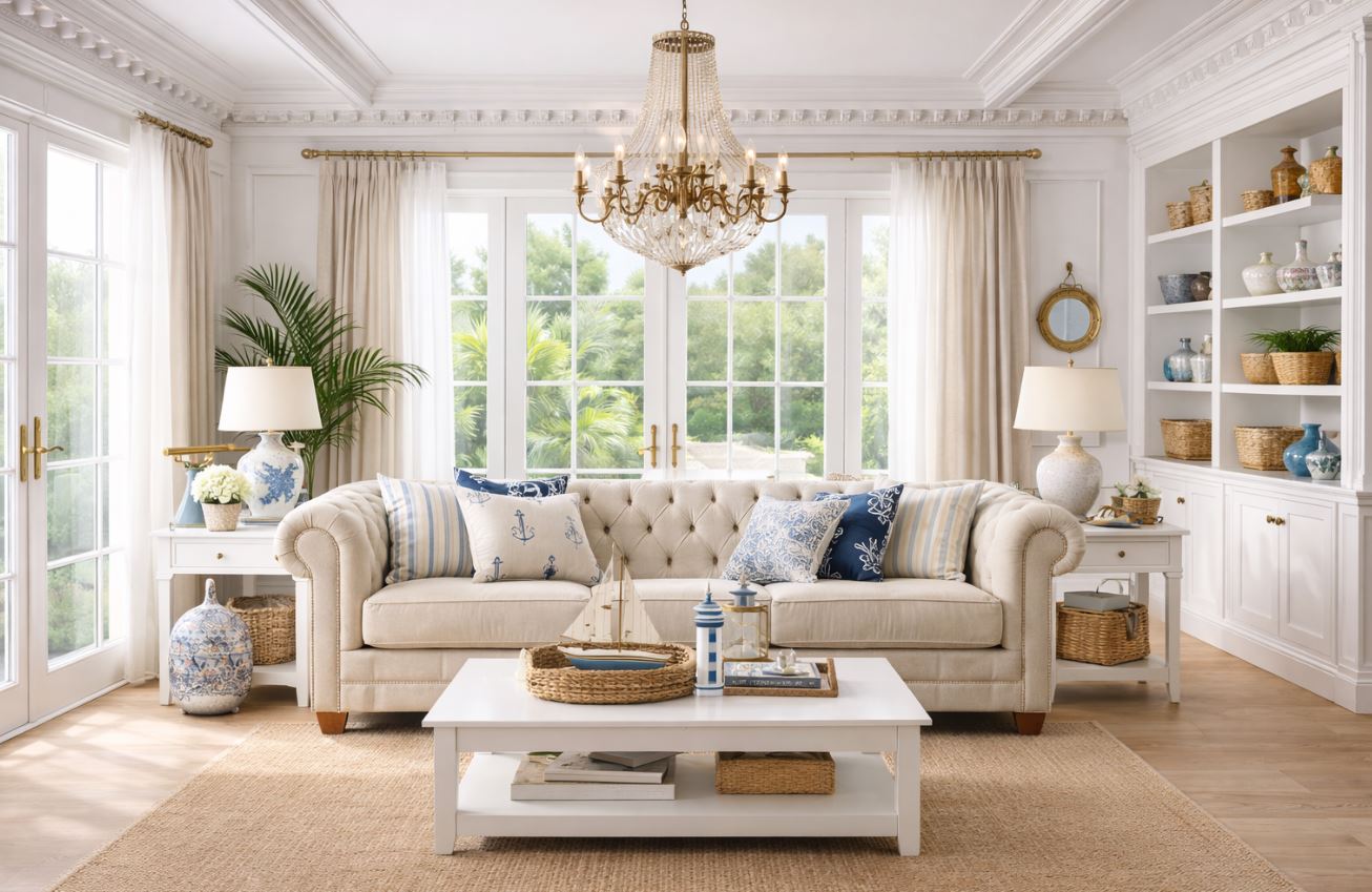 Hampton-Stil – Eleganz des Küstenluxus im modernen Wohnzimmer